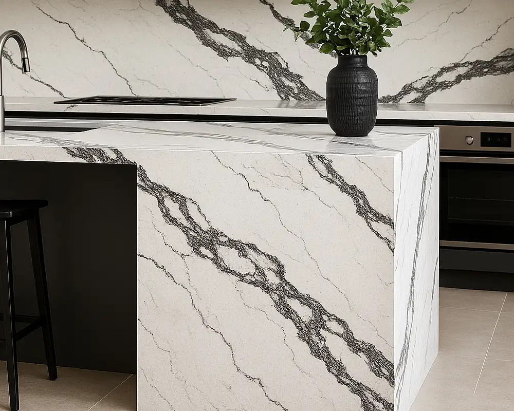 Marble Look Quartz Waterfall Countertop Designs Marble Look Quartz Waterfall Countertop Designs